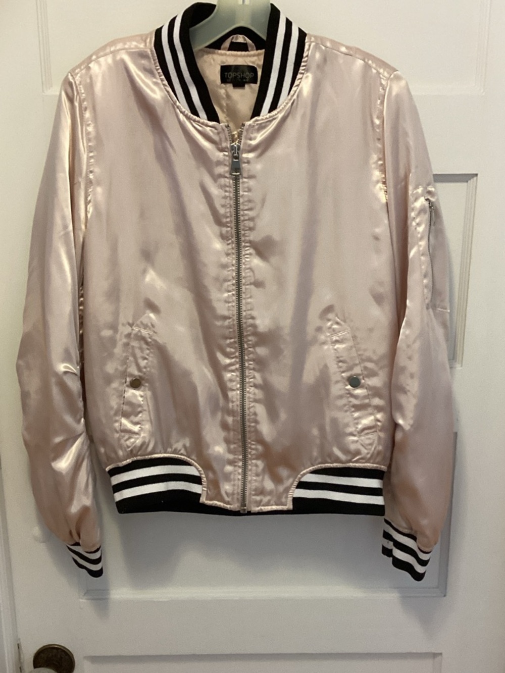 Topshop Pale Pink/champagne Satin Bomber Jacket with Black-White Striped Trim